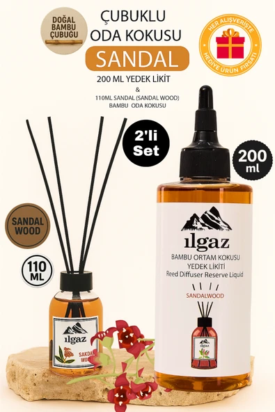 Sandal Ağacı 2'li Set Bambu Çubuklu Oda Kokusu 110 Ml & Sandal Ağacı Yedek Likit Şişe 200 Ml ürün görseli 1