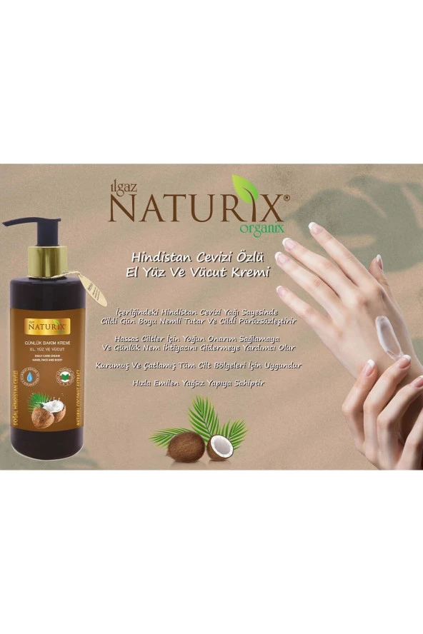 Hindistan Cevizi El - Yüz - Vücut Kremi 3 Adet Yoğun Nemlendirici Yağlandırmaz Cilt Bakım Losyonu - 3