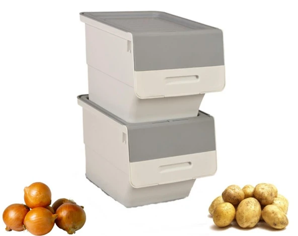 Motek Tekerlekli Patateslik Soğanlık Oyuncak Kutusu Patateslik Soğanlık Sepeti 2X12Lt Beyaz+Gri - 3
