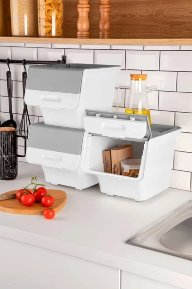 Motek Tekerlekli Patateslik Soğanlık Oyuncak Kutusu Patateslik Soğanlık Sepeti 3X12Lt Beyaz+Gri - 3