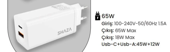 SHAZA Çift Çıkışlı Usb QC3.0& Type-C PD 65W  Şarj Adaptörü