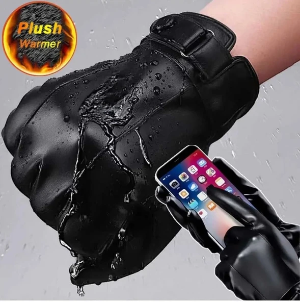 Erkek Siyah Suni Deri Eldiven Dokunmatik Ekran Uyumlu - 2