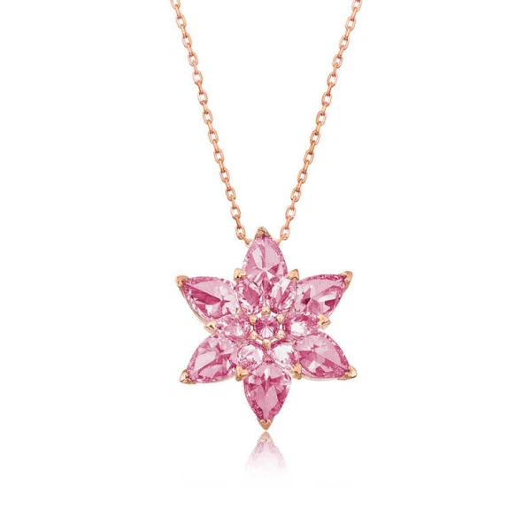 925 Ayar Gümüş Rose Pembe Lotus Çiçeği Kolye - 2