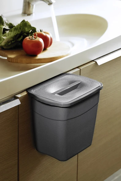 Sas Haus Askılı Asılabilir Tezgah Altı Kapaklı Çöp Kovası 5 Litre Gri MR-242