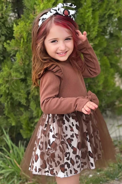 Kız Çocuk Leopar Desenli Tül Detaylı Kahverengi Elbise - 2