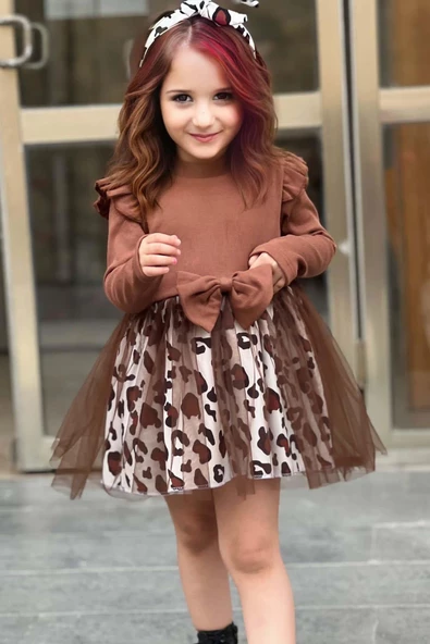 Kız Çocuk Leopar Desenli Tül Detaylı Kahverengi Elbise - 6