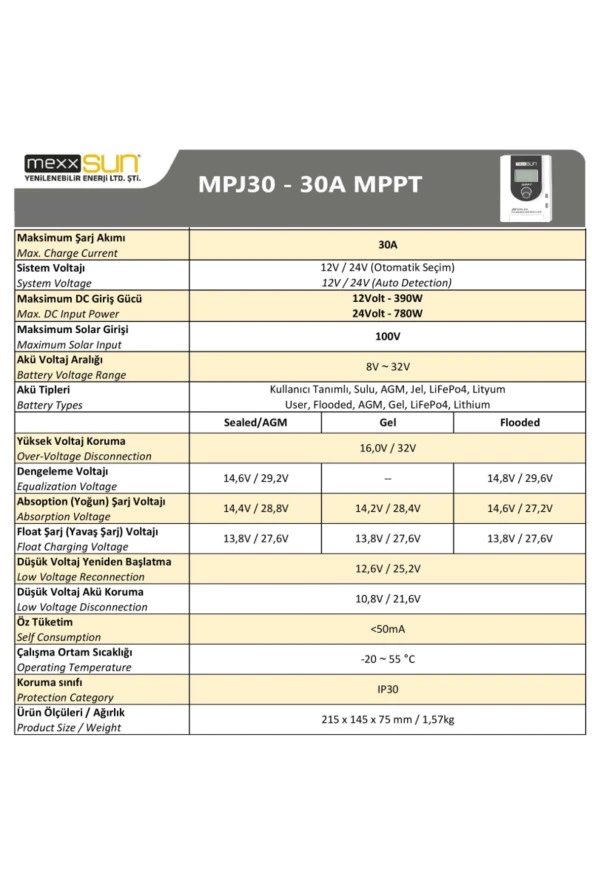 Mexxsun 30 Amper 12/24 Volt Mppt Şarj Kontrol Cihazı (mpj30) - 2