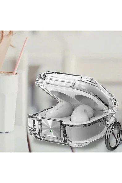 Galaxy Buds Fe ile uyumlu Transparan Şeffaf Renkli Forever Kancalı Sert Koruma Toz Kirden Koruyan - 4