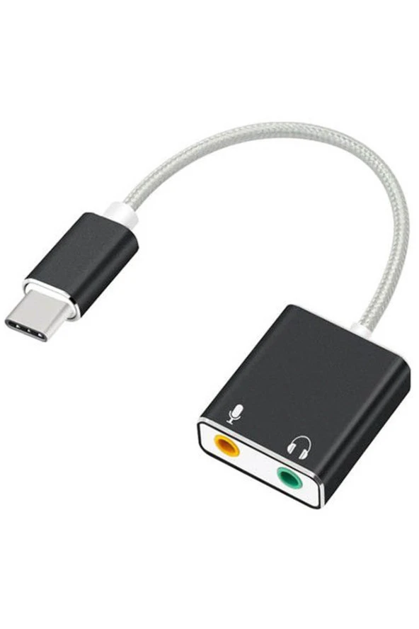 Macbook Uyumlu Usb Type-c To Harici Ses Kartı Adaptörü Jack 3.5mm Kulaklık + Mikrofon - Siyah