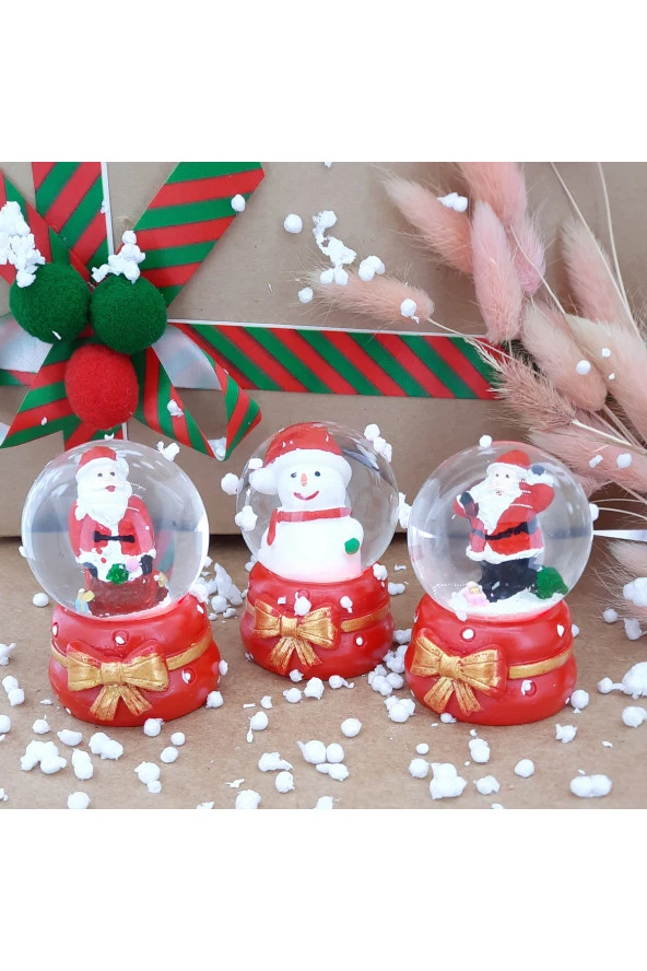 Noel Baba Kardan Adam 3'lü Set Cam Küre Işıklı Dekoratif Yılbaşı Özel Tasarım 6cm x 4cm No:5