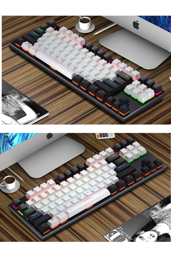 Leaven K550 Kablolu Klavye Led RGB 87 Tuşlu Mekanik Oyuncu Işıklı Siyah-Beyaz Klavye Mavi Switch - 2