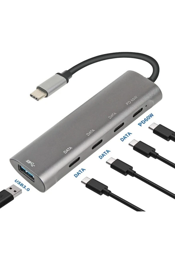 Macbook Şarj Uyumlu Type-C Destekli 60W Pd Tüm Bilgisayarlar İçin Şarj Uyumlu 5 in 1 Hub C268 - 2