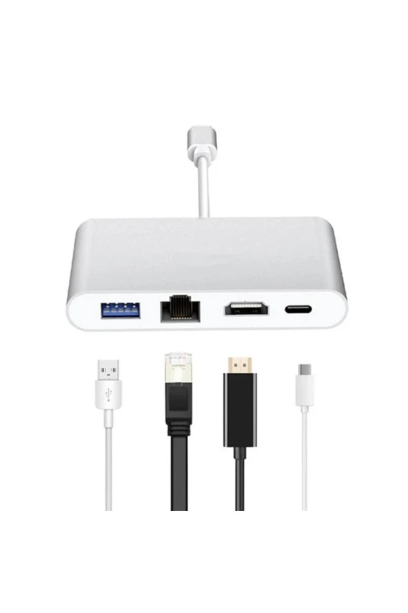 Type-C 3.1 to HDMI 4K 100Mbps Ethernet RJ45 SB3.0 USB C HUB 4 in 1 Macbook ve type c Uyumlu R283