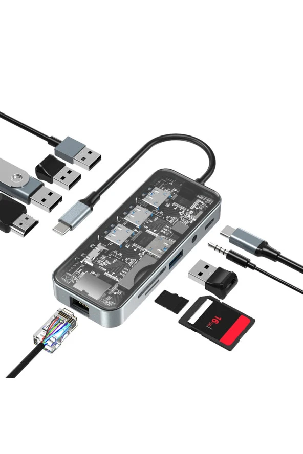 Type-c to usb PD 100Watt RJ45 Ethernet USB Çoklayıcı USB AUX Mikro Macbook Uyumlu All in 1 HC-87