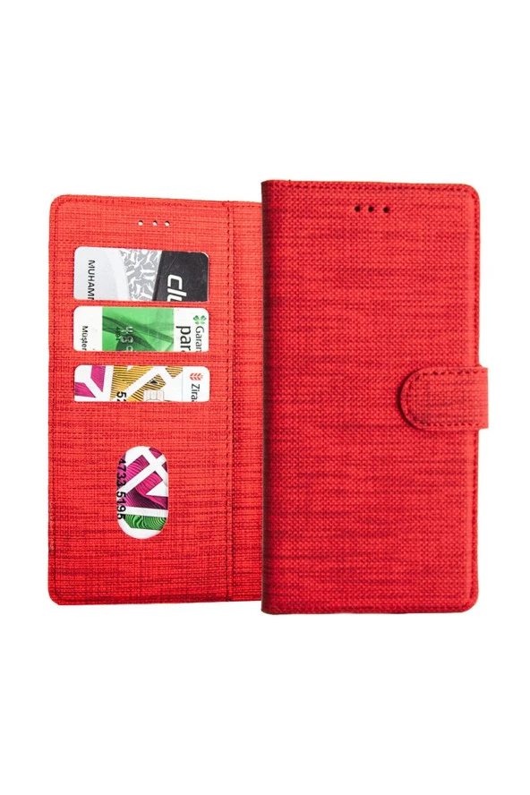 Samsuıng Galaxy A30 Kılıf Standlı Kartvizitli Ve Para Gözlü Kumaş Desen Kırmızı ürün görseli