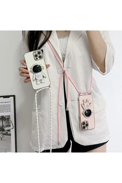 iPhone 11 ile Uyumlu Ipli Boyun Askılı Astronot Figürlü Silikon Kılıf Pastel Renkli Epiphany Kılıf - Resim 5