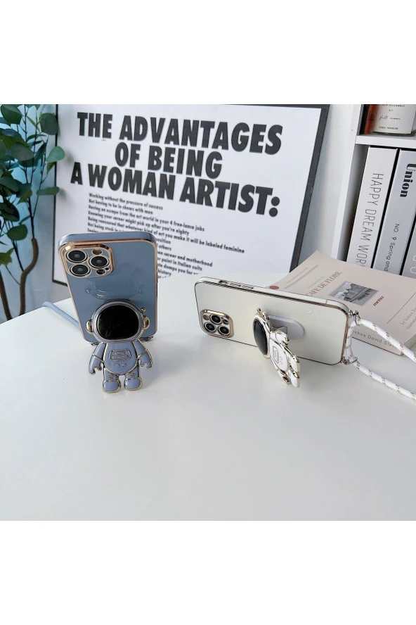 Xiaomi Redmi 10C ile Uyumlu Ipli Boyun Askılı Astronot Figürlü Silikon Kılıf Pastel Renkli Kılıf - Resim 2