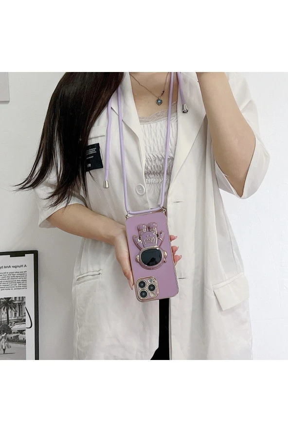 Xiaomi Redmi 10C ile Uyumlu Ipli Boyun Askılı Astronot Figürlü Silikon Kılıf Pastel Renkli Kılıf - Resim 4