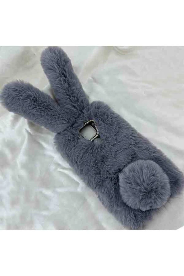 iPhone 12 Pro Max Uyumlu Kılıf Peluş Tüylü Tavşan Kulak Silikon Tpu Kapak Koyu Gri ürün görseli