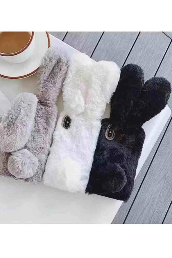 Samsung Galaxy J7 Uyumlu Kılıf Peluş Tüylü Tavşan Kulak Silikon Tpu Oyuncak Kapak Siyah - Resim 2