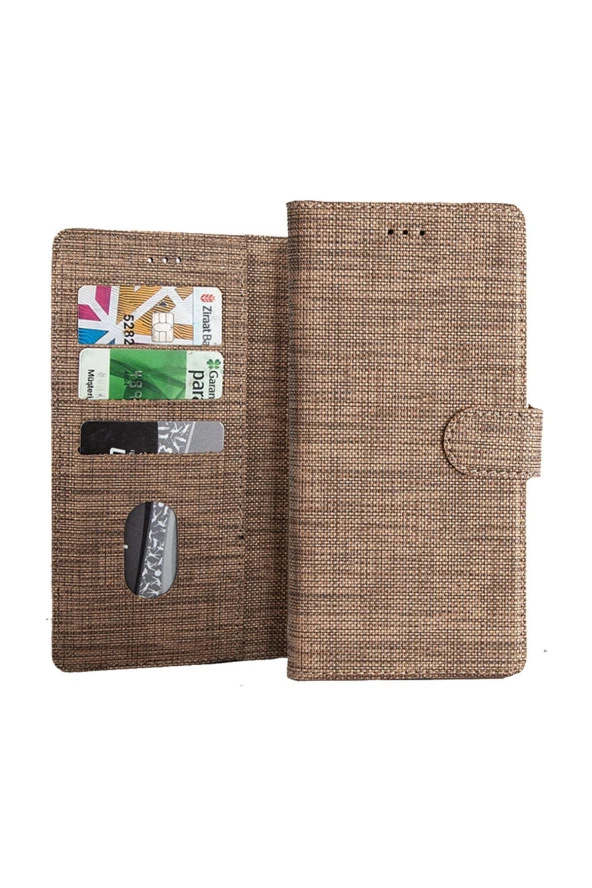 Samsuıng Galaxy A10 Kılıf Standlı Kartvizitli Ve Para Gözlü Kumaş Desen Gold ürün görseli