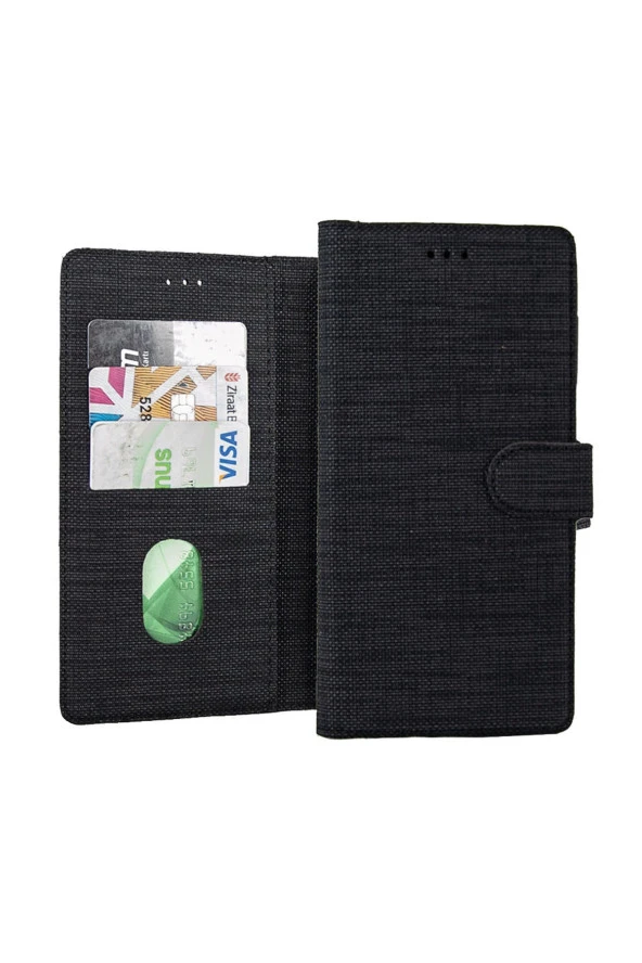 Samsuıng Galaxy A70 Kılıf Standlı Kartvizitli Ve Para Gözlü Kumaş Desen Siyah ürün görseli