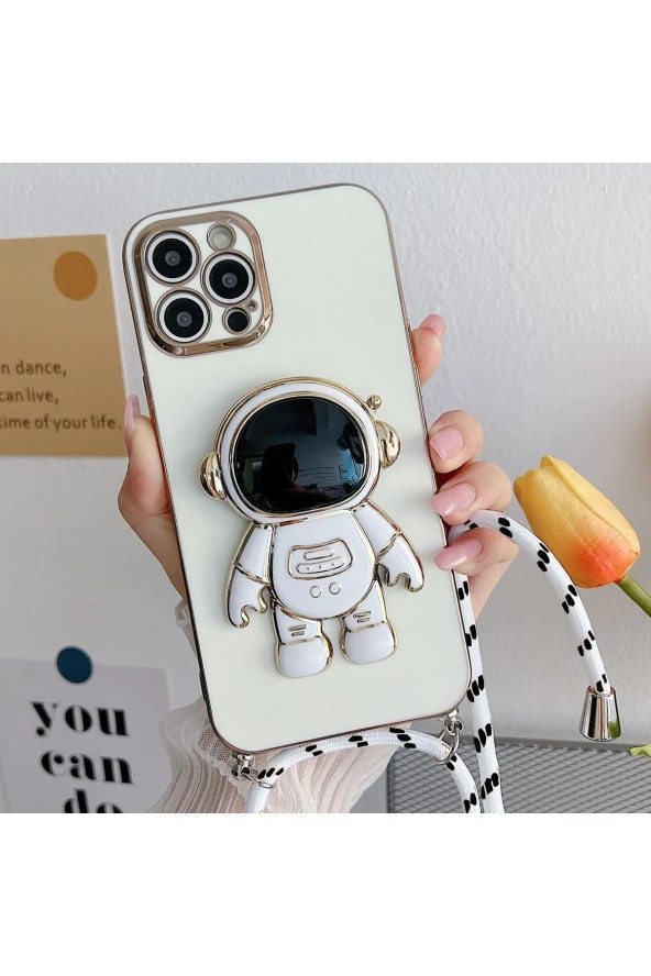 Xiaomi Mi 12T ile Uyumlu Ipli Boyun Askılı Astronot Figürlü Silikon Kılıf Pastel Renkli Kılıf