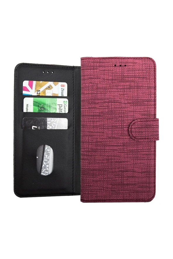 Samsuıng Galaxy A20 Kılıf Standlı Kartvizitli Ve Para Gözlü Kumaş Desen Pembe Koyu ürün görseli