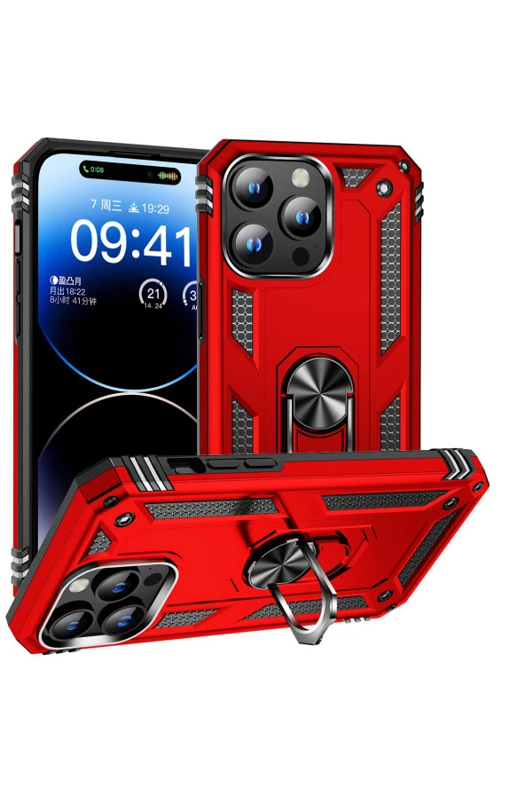 iPhone 15 Pro ile Uyumlu Kılıf Z-vega Shockproof Standlı Yüzük Tutuculu Mega Case Kapak Kırmızı