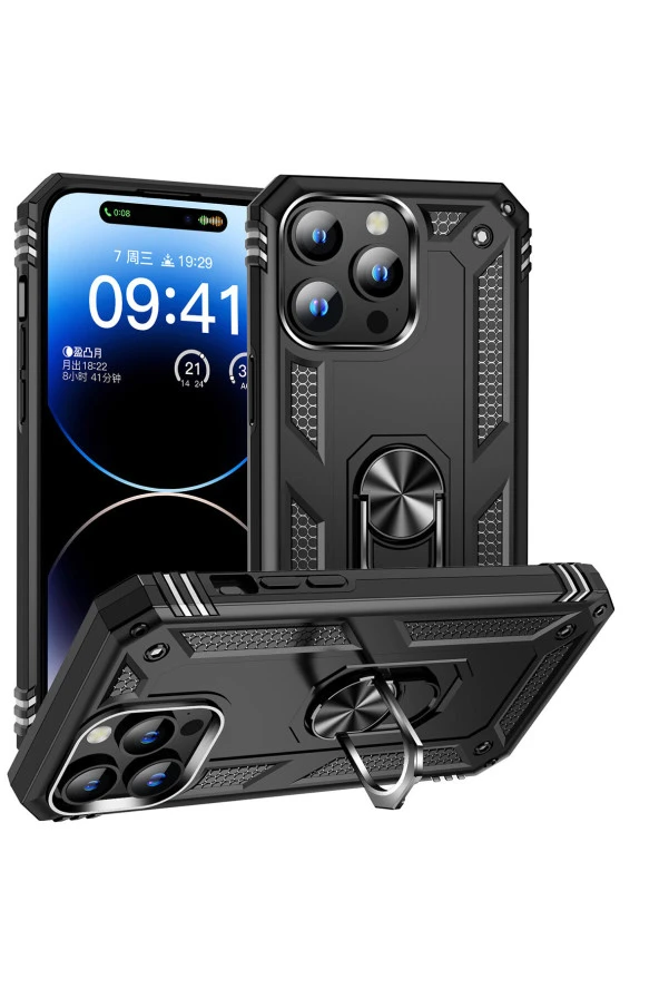 iPhone 15 Pro ile Uyumlu Kılıf Z-vega Shockproof Standlı Yüzük Tutuculu Mega Case Kapak Siyah