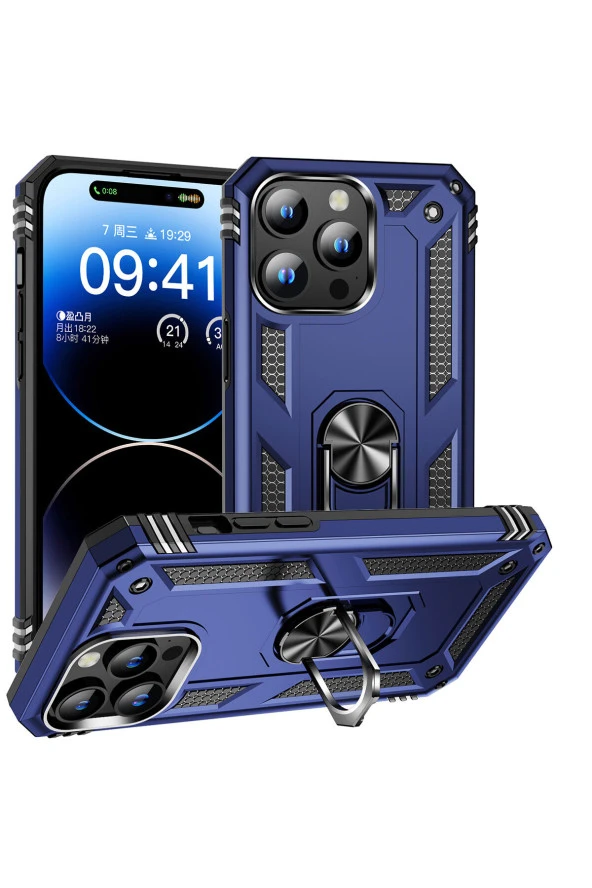 iPhone 15 Pro ile Uyumlu Kılıf Z-vega Shockproof Standlı Yüzük Tutuculu Mega Case Kapak Mavi