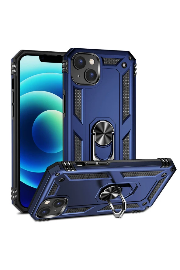 iPhone 15 ile Uyumlu Kılıf Z-vega Shockproof Standlı Yüzük Tutuculu Mega Case Kapak Mavi