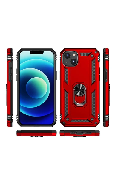 iPhone 15 ile Uyumlu Kılıf Z-vega Shockproof Standlı Yüzük Tutuculu Mega Case Kapak Kırmızı - Resim 6