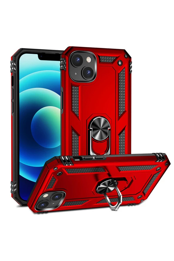 iPhone 15 ile Uyumlu Kılıf Z-vega Shockproof Standlı Yüzük Tutuculu Mega Case Kapak Kırmızı