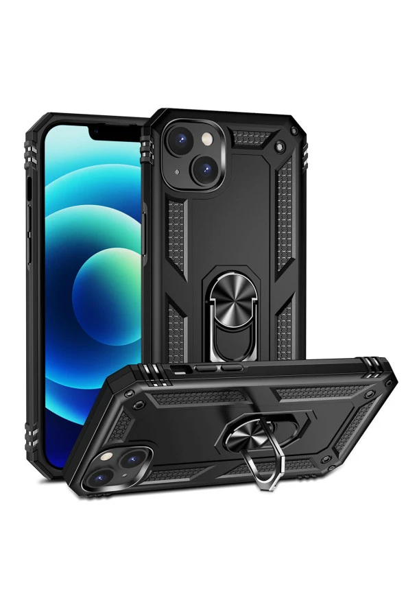 iPhone 15 ile Uyumlu Kılıf Z-vega Shockproof Standlı Yüzük Tutuculu Mega Case Kapak Siyah