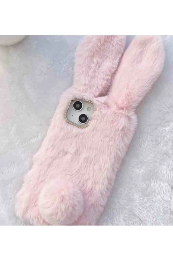 Xiaomi Redmi 9 Uyumlu Kılıf Peluş Tüylü Tavşan Kulak Silikon Tpu Oyuncak Kapak Açık Pembe