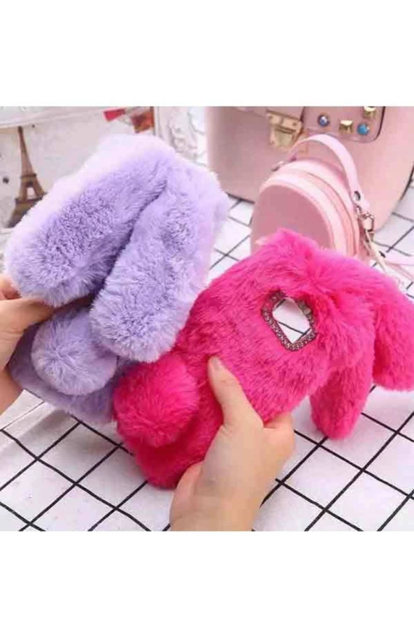 Xiaomi Redmi Note 9 Uyumlu Kılıf Peluş Tüylü Tavşan Kulak Silikon Tpu Oyuncak Kapak Fuşya - Resim 2