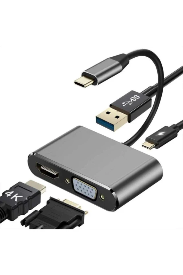 Type- C To Hub Pd Hdmi+vga+usb Dönüştürücü Adapter 4 In 1