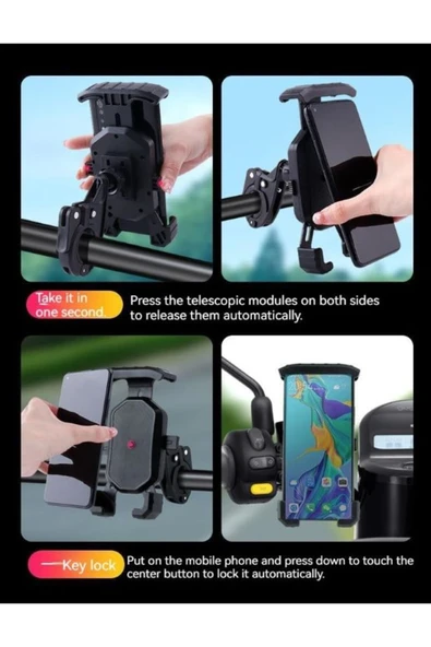 Bisiklet Motosiklet ve Scooter için Gidon Uyumlu Telefon Tutucu 4.5-7.2 İnch Kolay Kurulum B-551-BY - Resim 4
