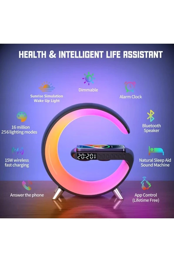 G Akıllı Işık Bluetooth Hoparlör Gökkuşağı 5W Hızlı Kablosuz Şarj Cihazı RGB Işıklı N69 Siyah Renk - 3