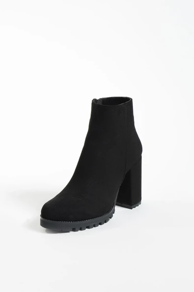 Pembe Potin Yuvarlak Burunlu Trak Tabanlı Orta Topuklu Fermuarlı Kadın Bot 51-404-23Süet - Resim 5