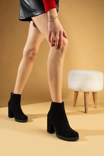 Pembe Potin Yuvarlak Burunlu Trak Tabanlı Orta Topuklu Fermuarlı Kadın Bot 51-404-23Süet - Resim 3