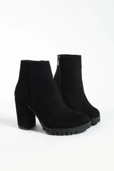 Pembe Potin Yuvarlak Burunlu Trak Tabanlı Orta Topuklu Fermuarlı Kadın Bot 51-404-23Süet - Resim 4