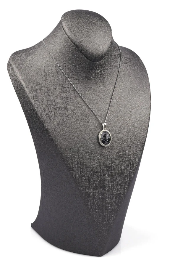 Siyah Jasper Doğal Taş Gümüş Renkli Kolye - Resim 2