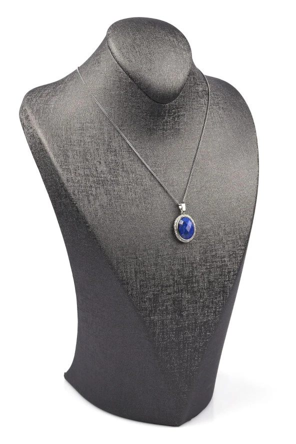 Lapis Lazuli Doğal Taş Gümüş Renkli Kolye - Resim 2