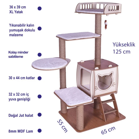 Pati Homes Pro Katlı Kedi Oyun Evi Köşk XL Yataklı - Kedi Tırmalaması - 4