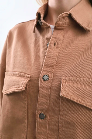Kadın Oversize Jean Gömlek Bej - 9