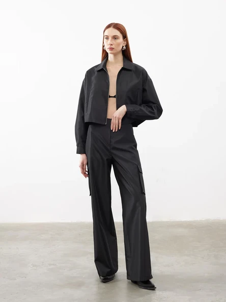 Tafta Bol Paça Kargo Pantolon Siyah ürün görseli 1