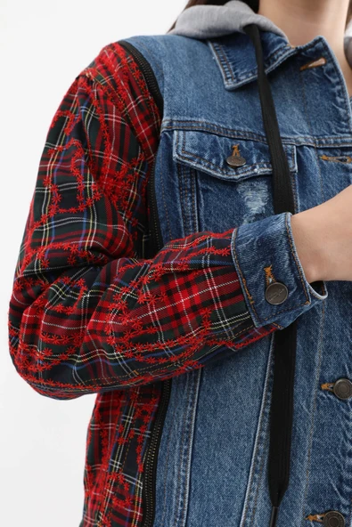 Kadın Fermuar Detaylı Kapüşonlu Jean Ceket - 8