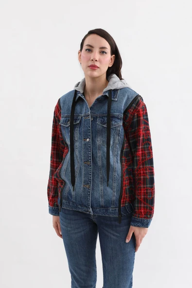 Kadın Fermuar Detaylı Kapüşonlu Jean Ceket - 6